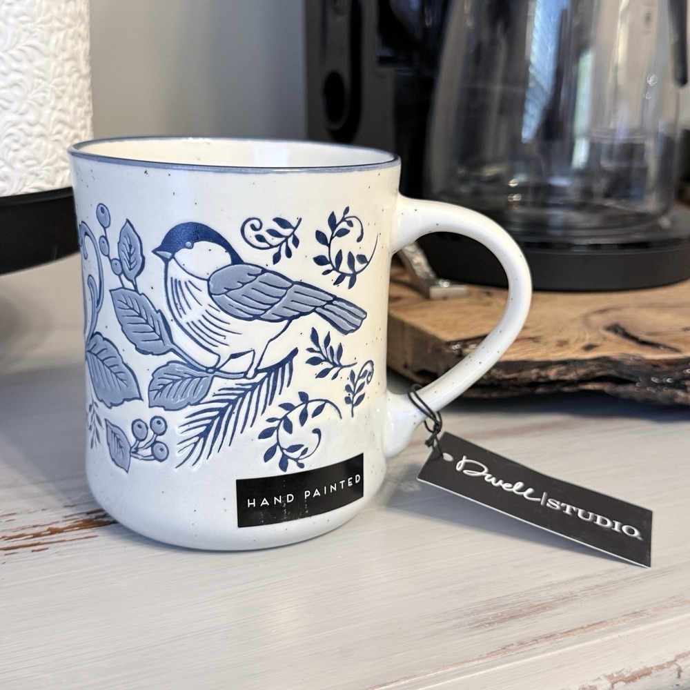 BLUE BIRD 21oz Ceramic Mug Hand Painted Blue & White by DWELL STUDIO New
